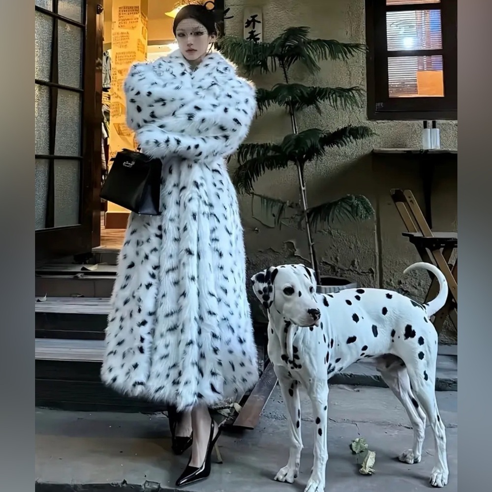 Vegan-Friendly Faux Fox Fur Oversized Coat w/ Dalmation Print